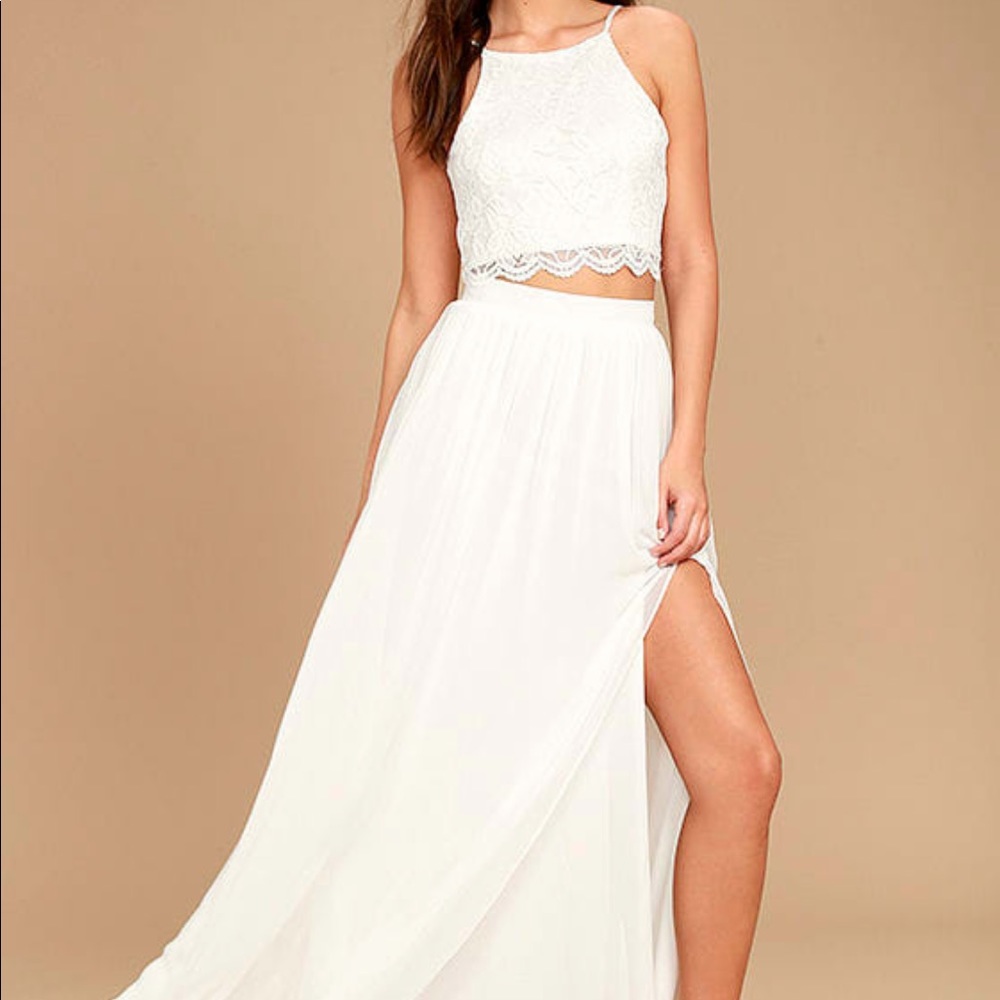 Lulus Midnight Memories White Lace Two-Piece Maxi Dress
